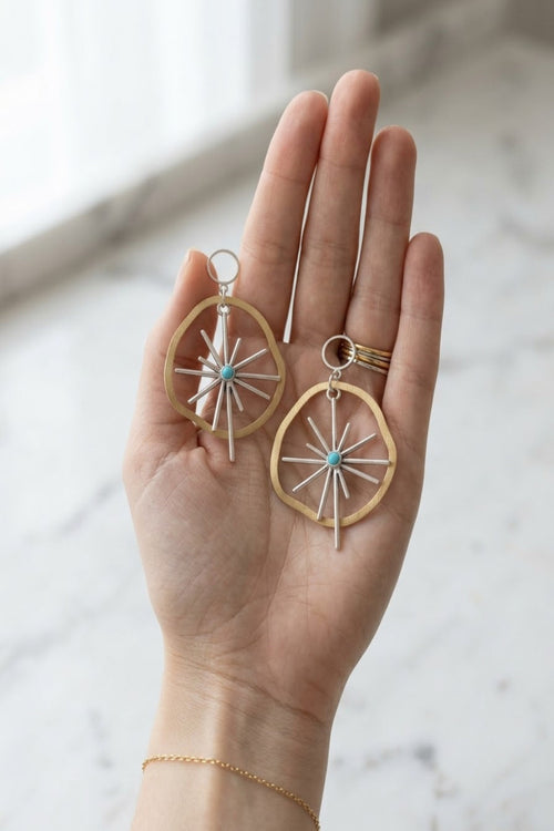 Asymmetrical Sterling Silver and Brass Starfish and Turquoise Earrings