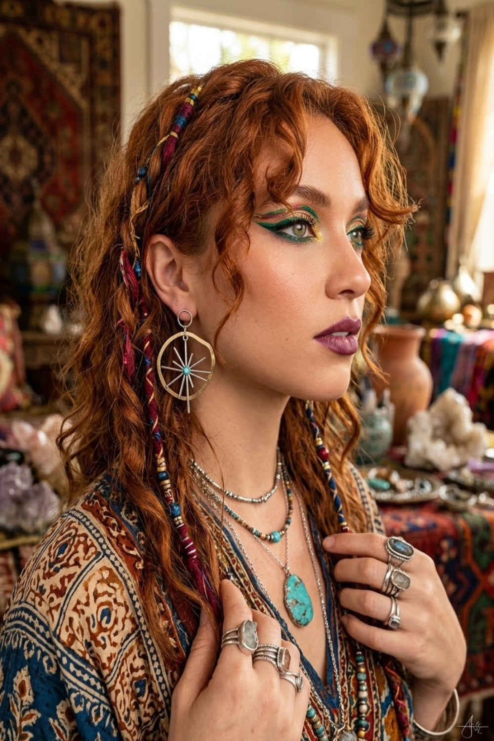 Boucles d'oreilles Asymétriques Étoile de Mer et Turquoise en Argent et Laiton