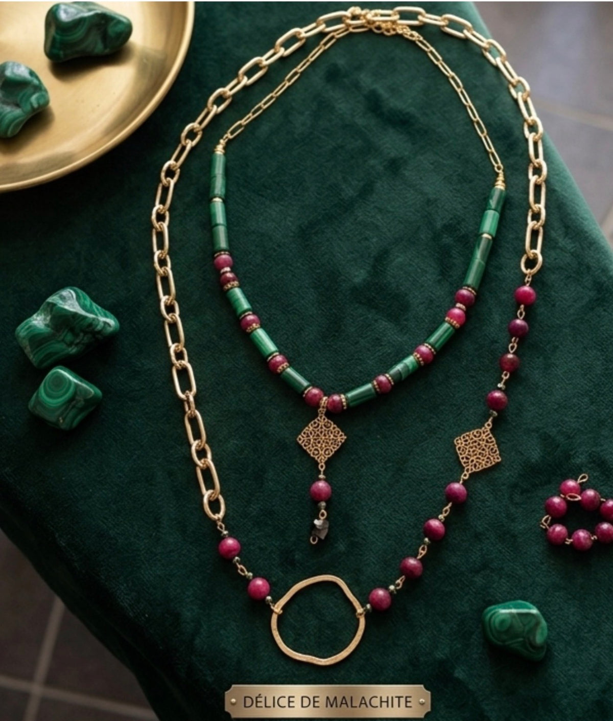 Collier en Malachite, Fushia Agate et Filigrane