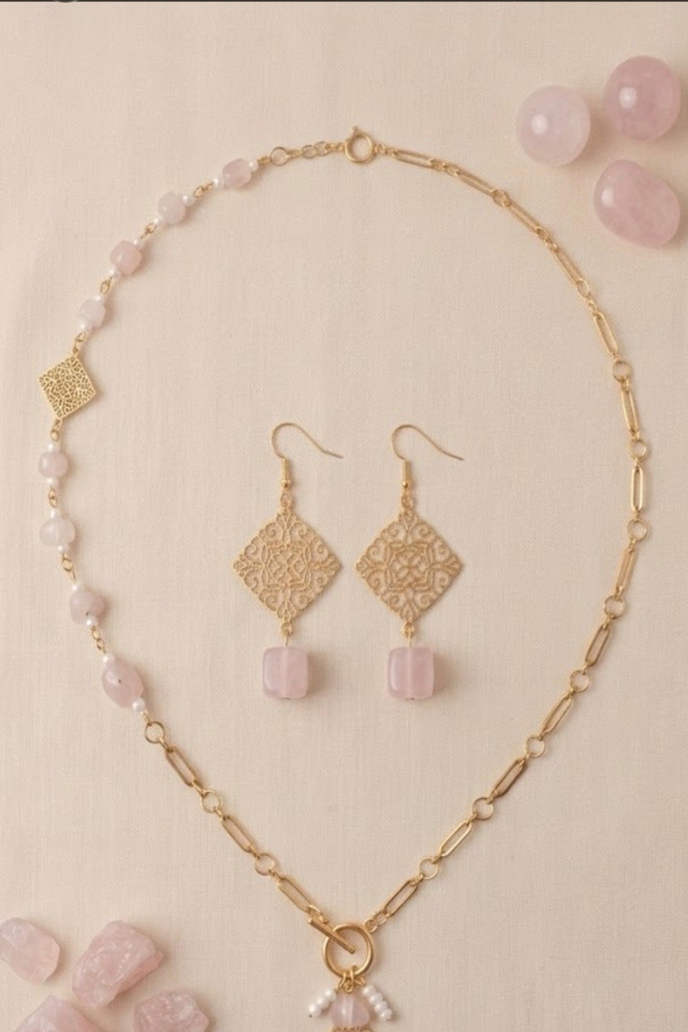 Rose Quartz & Gold Filigree Set