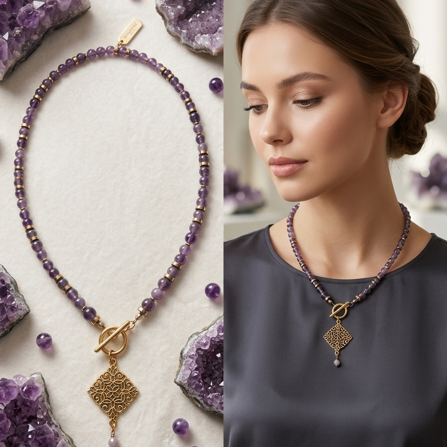 Collier améthyste porté par modèle