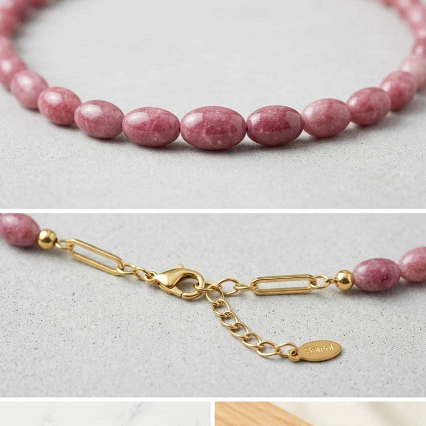 Collier rhodonite - détails perles, fermoir et vues multiples